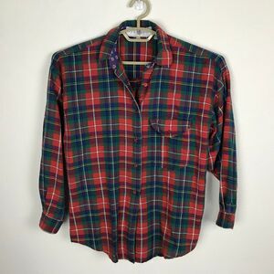 Vintage 1980s Shirt Blouse Size 6 Multicolor Long Sleeve Cotton Button Flannel